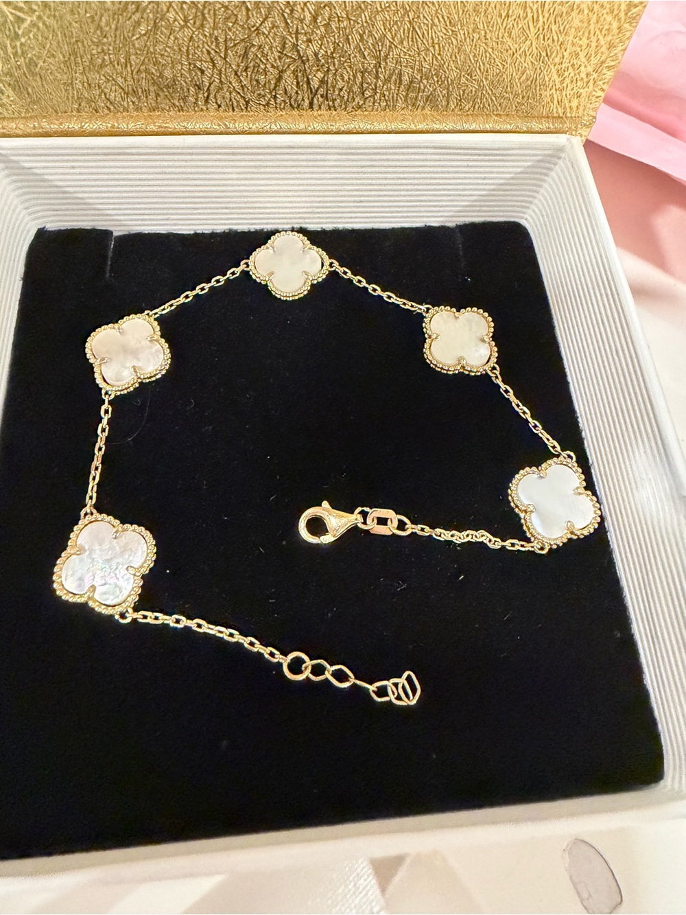 10k solid Gold Clover Bracelet with White Mother-of-Pearl Accents